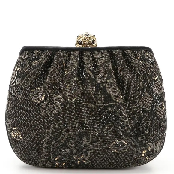 Judith Leiber Floral Lace Rhinestone Clutch Sparkle Evening Bag Black Gold - Picture 1 of 17